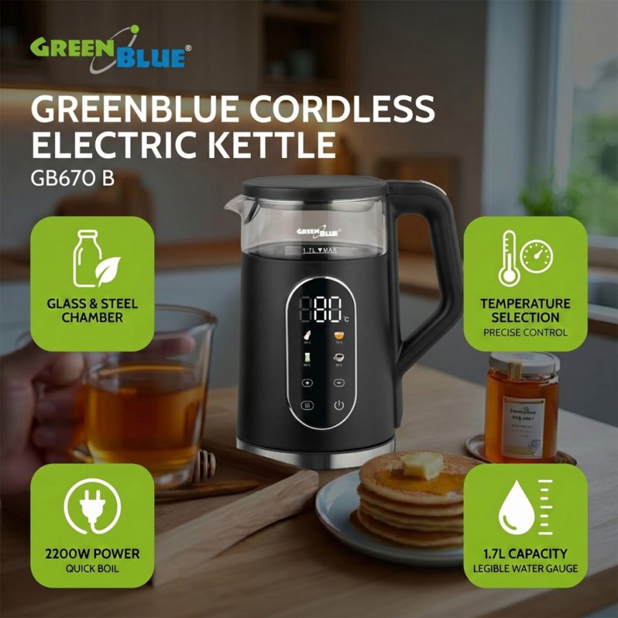 GreenBlue tr�dl�s elkedel, 1,7 l, vandbeholder i glas, letl�seligt display, temperaturvalg, 2200 W, GB670 B #2