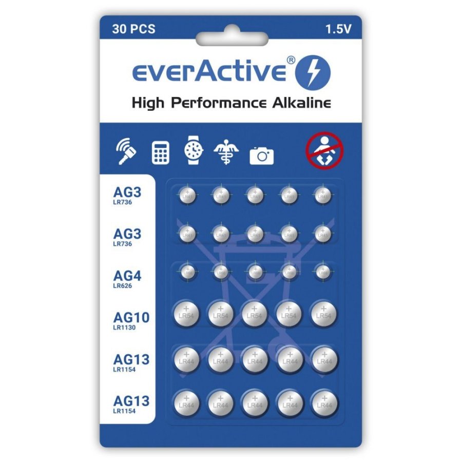 St med 30 stk. everActive mini alkalinebatterier 10 x G3 / LR41, 5 x G4 / LR626, 5 x G10 / LR1130, 10 x G13 / LR1154 #1