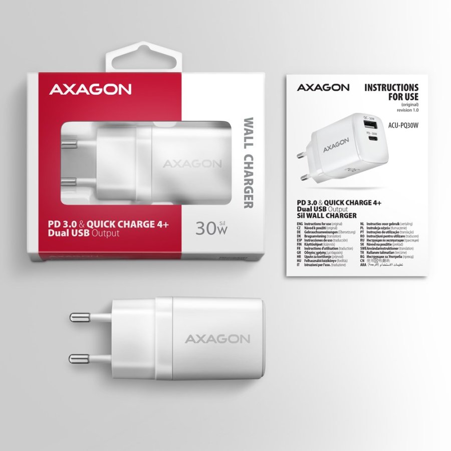 Axagon ACU-PQ30W Ladegert QC3.0.4.0/AFC/FCP/PPS/Apple+ PD USB-C 30W - wei - USB Typ C Mobiltelefon, Smartphone, SmartWatch, Tablet, Universel Hvid Vekselstrm Hurtig opladning Indendrs #10