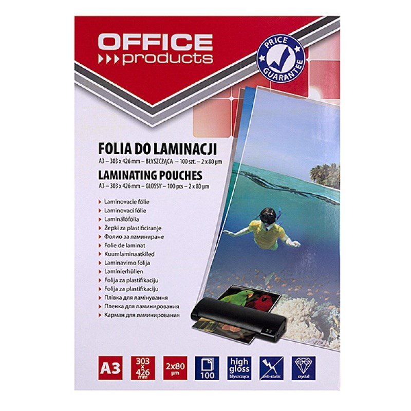 OFFICE PRODUCTS Lamineringsfolie, A3, 2x80 �m, blank, 100 stk., gennemsigtig #1