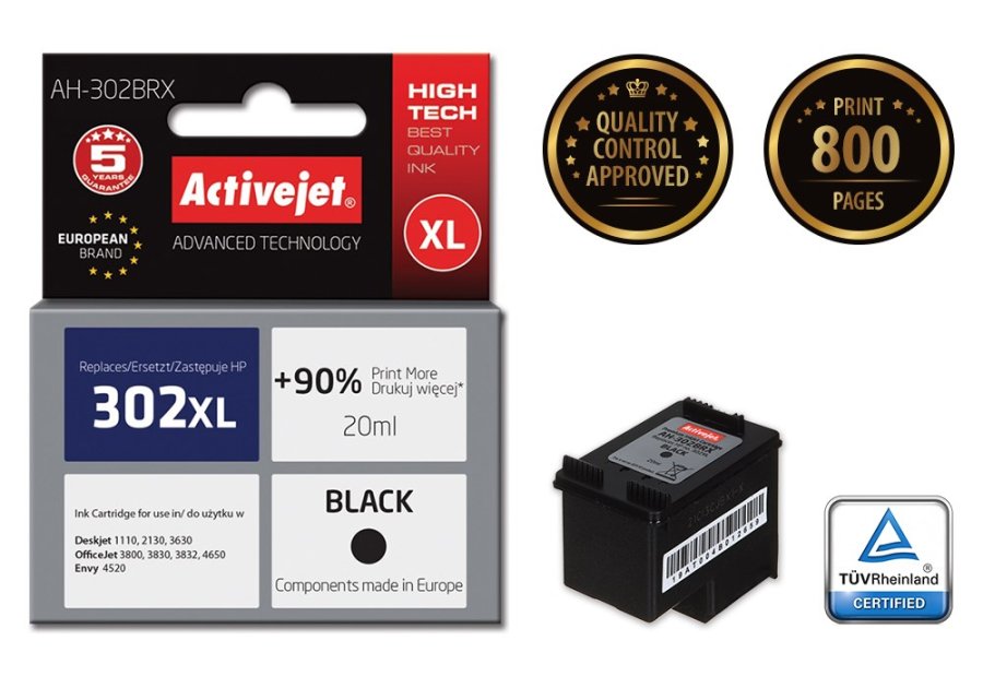 Activejet AH-302BRX blk (erstatning HP 302XL F6U68AE; Premium; 20 ml; sort) #2