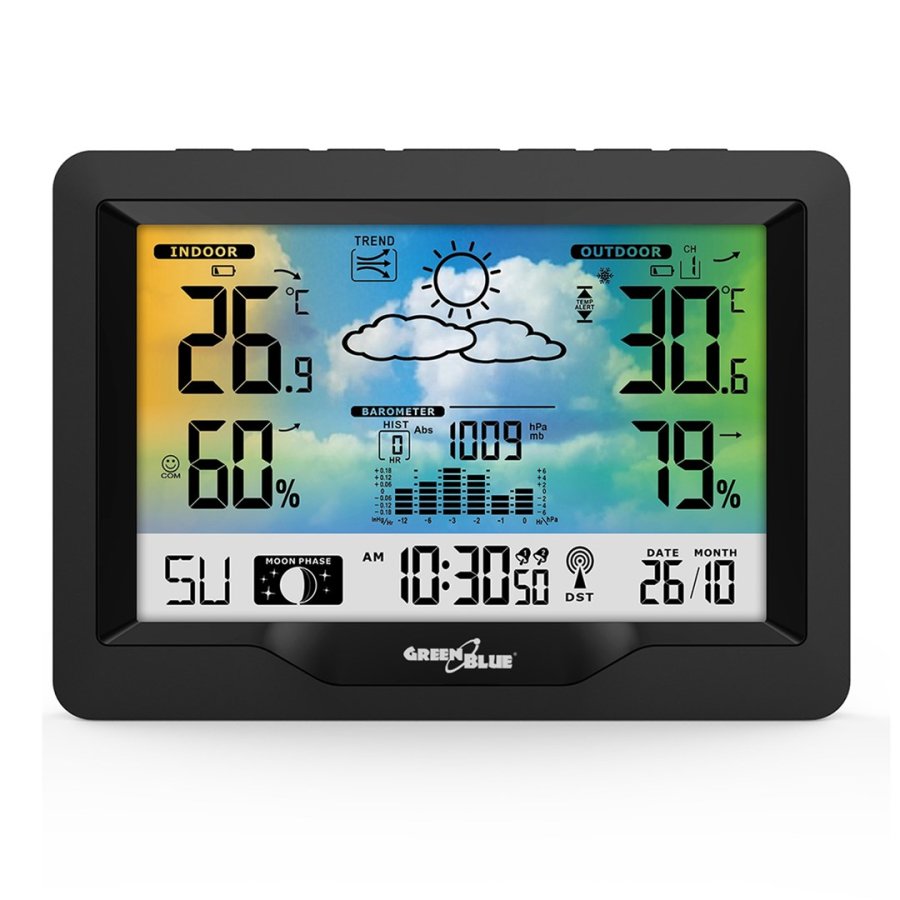 GreenBlue trdls vejrstation, farve, med DCF, mnefaser, barometer, kalender, strmforsyning, GB540N #19