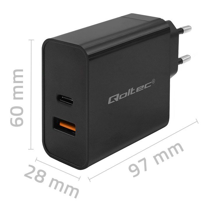 Qoltec 52381 Super Quick PD oplader | 1xUSB-C | 1xUSB| 90W | 5-20V | 2,4-4,35A | Sort #7