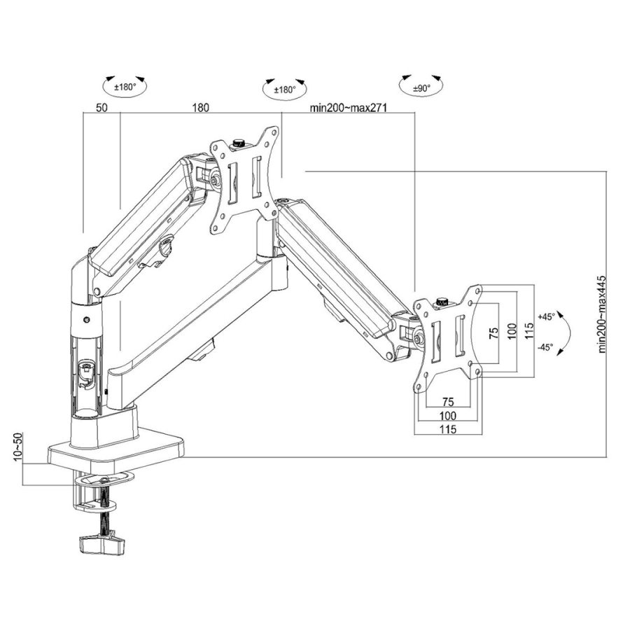Maclean-holder til 2 sk�rme, gasfjeder, 17�-32�, 2-10 kg, sort, MC-134 #8