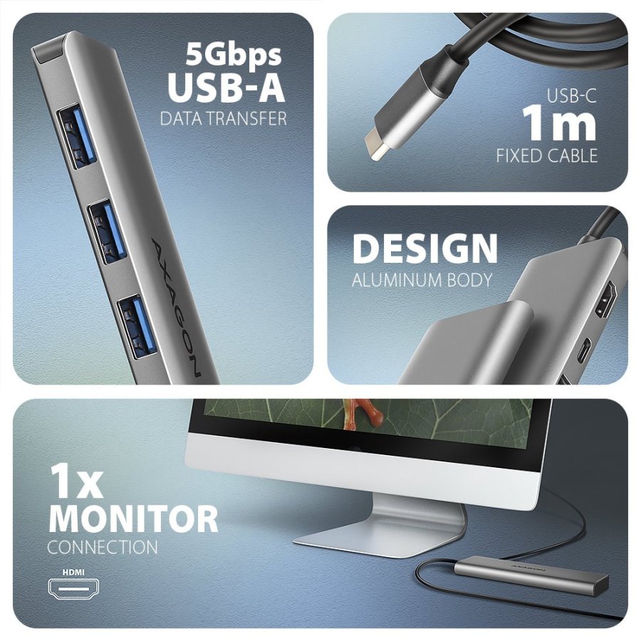 Axagon HMC-5H USB-C 3.2 Gen 1 hub 3x USB-A 4K HDMI PD 100W - Silber Ledningsfrt USB 3.2 Gen 1 (3.1 Gen 1) Type-C Slv #4