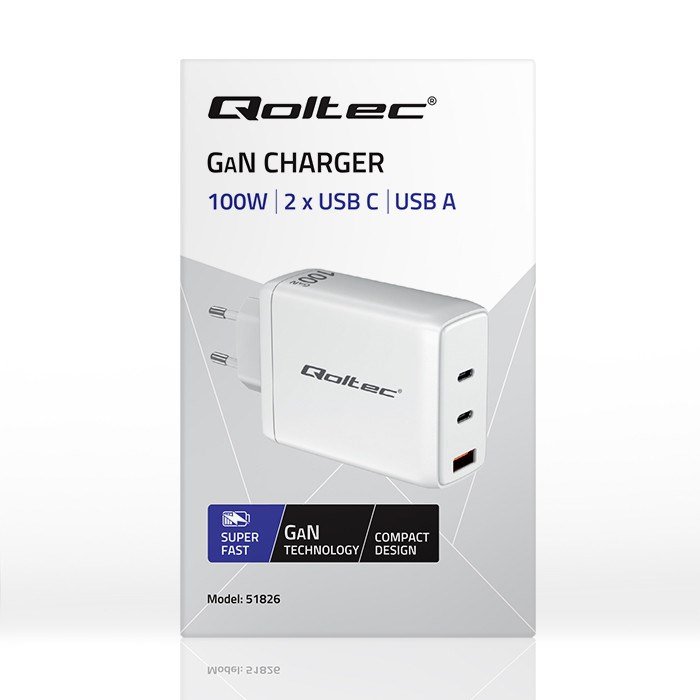 Qoltec 51826 GaN 100W oplader| 5-20V | 1,5-5A | 2 x USB-C PD | 1 x USB QC 3.0 #9