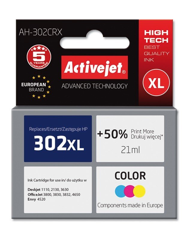 Activejet AH-302CRX Blk (erstatning HP 302XL F6U67AE; Premium; 21 ml; farve) #1