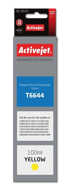 Activejet AE-664Y blkflaske til Epson printer, Erstatning Epson T6644; Supreme; 100 ml; gul #1