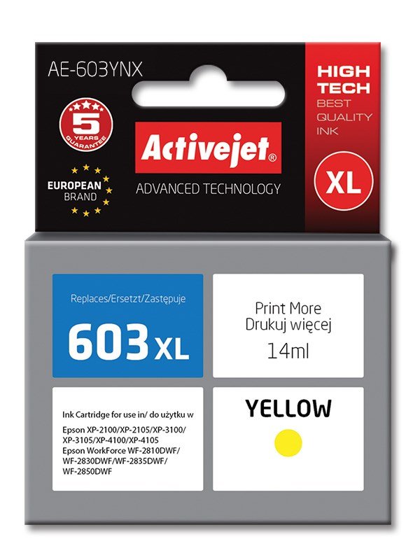 Activejet Ink AE-603YNX (erstatning Epson 603XL T03A44; Supreme; 14 ml; gul) #1