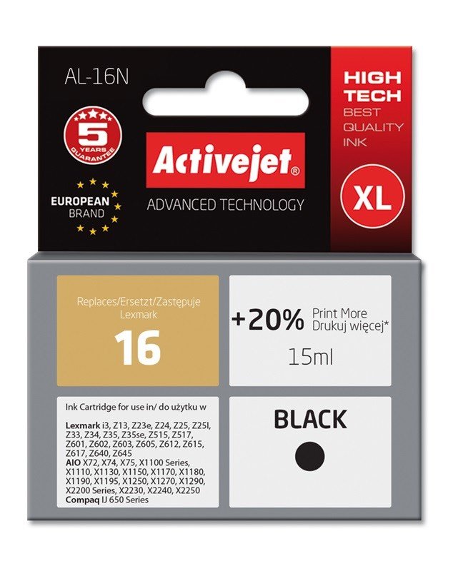 Activejet AL-16N blk (erstatning Lexmark 16 10N0016; Supreme; 15 ml; sort) #1