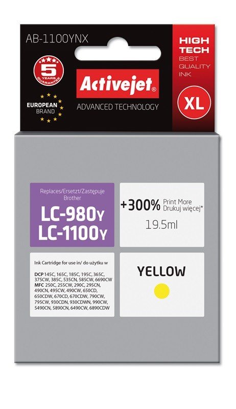 Activejet AB-1100YNX blk (erstatning Brother LC1100Y/980Y; Supreme; 19,5 ml; gul) #1