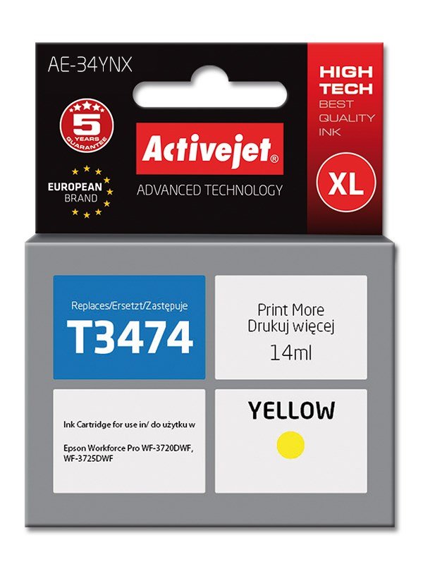 Activejet AE-34YNX Ink (erstatning Epson 34XL T3474; Supreme; 14 ml; gul) #1