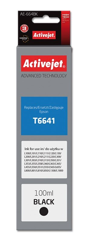 Activejet AE-664Bk blkflaske til Epson-printer, erstatning Epson T6641; Supreme; 100 ml; sort #1