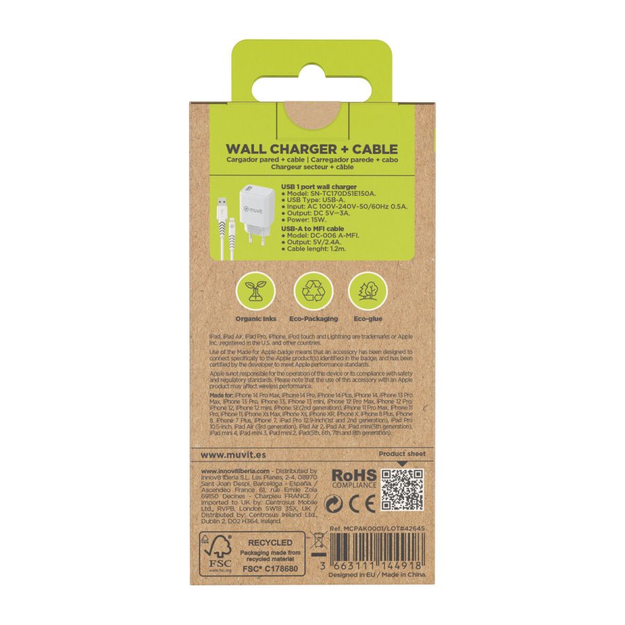 V�goplader + USB A til USB-C-kabel Muvit for Change SN-TC170DS1E150A + DC-006 Hvid 12 W #4