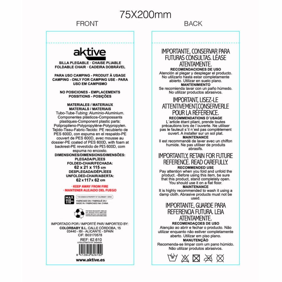 Sammenklappelig lounger-campingstol Aktive Bl� 62 x 62 x 117 cm Foldevogn Markise (2 enheder) #6