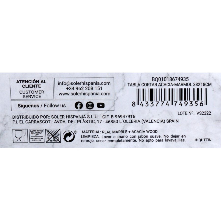 Skrebrt Quttin Marmor Akacie Med hndtag 38 x 18 cm (8 enheder) #3