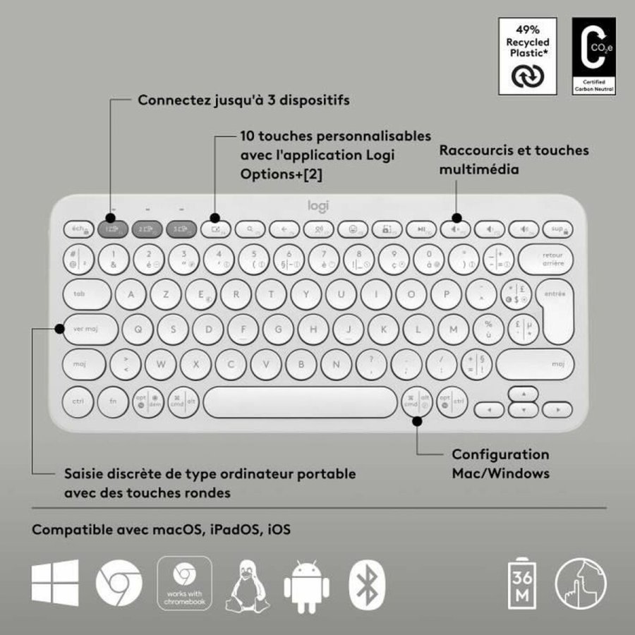 Bluetooth keyboard med tabletst�tte Logitech K380 Fransk Hvid AZERTY #6