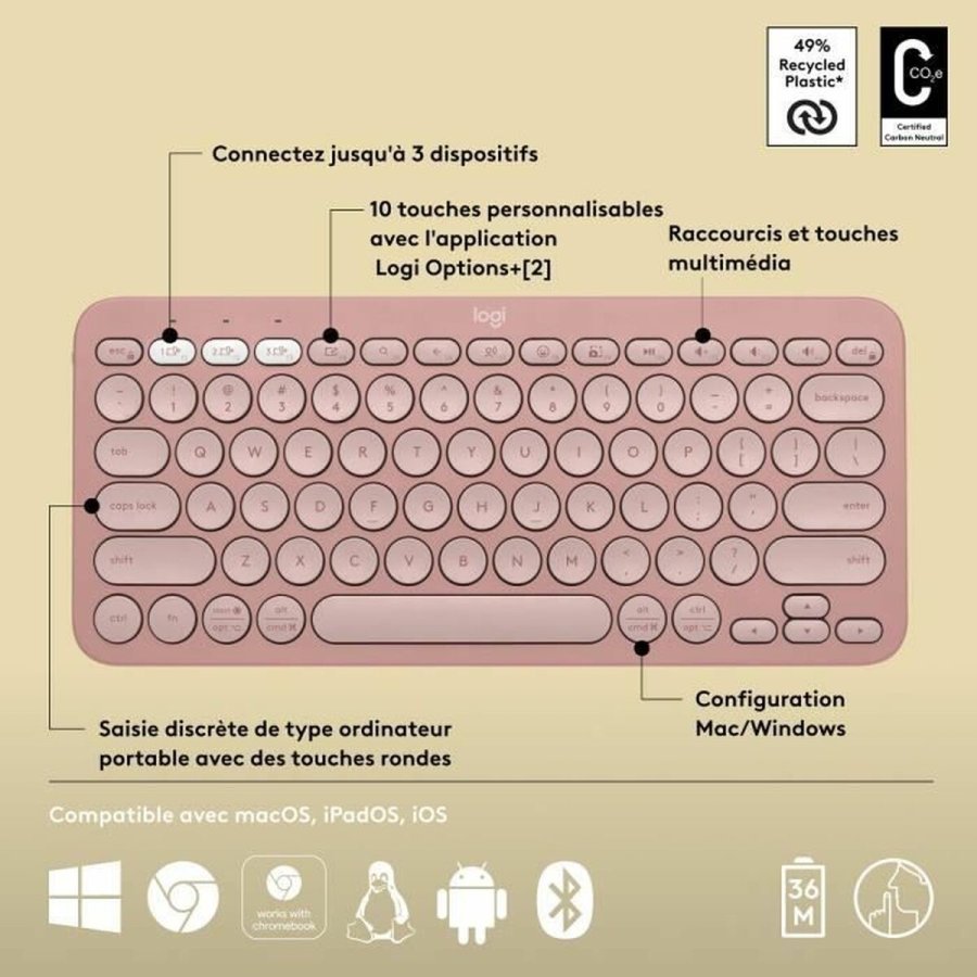 Bluetooth keyboard med tabletst�tte Logitech K380 Fransk Pink AZERTY #6