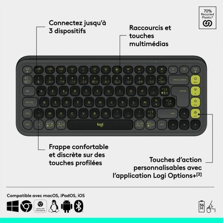 Tr�dl�st tastatur Logitech Pop Icon Keys M�rkegr� AZERTY #6