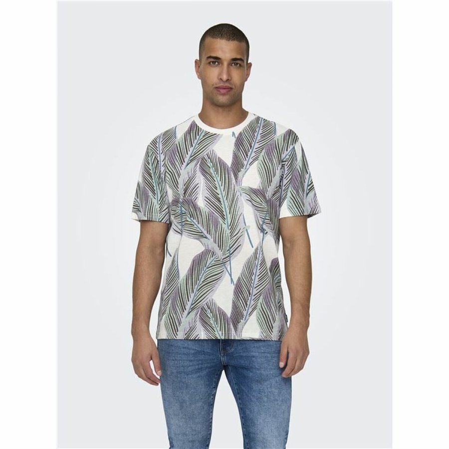 Kortrmet T-shirt til Mnd Only & Sons Onskobe Reg Banana Leaf Bl Hvid #3