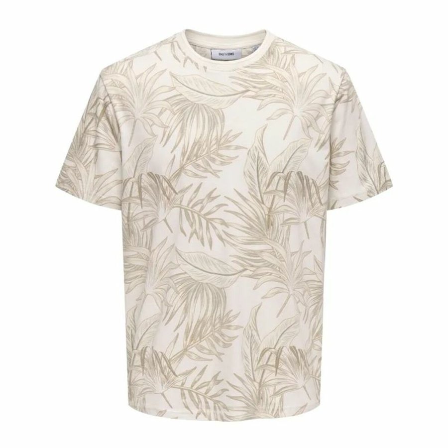Kortrmet T-shirt til Mnd Only & Sons Onskash Reg Leaf Aop Beige #1