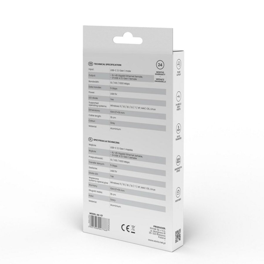 4-Port USB-C Hub Savio AK-57 Ethernet (RJ-45) Gr #5