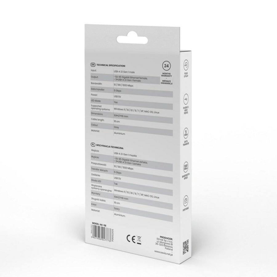 4-Port USB Hub Savio AK-58 Ethernet (RJ-45) Gr #5