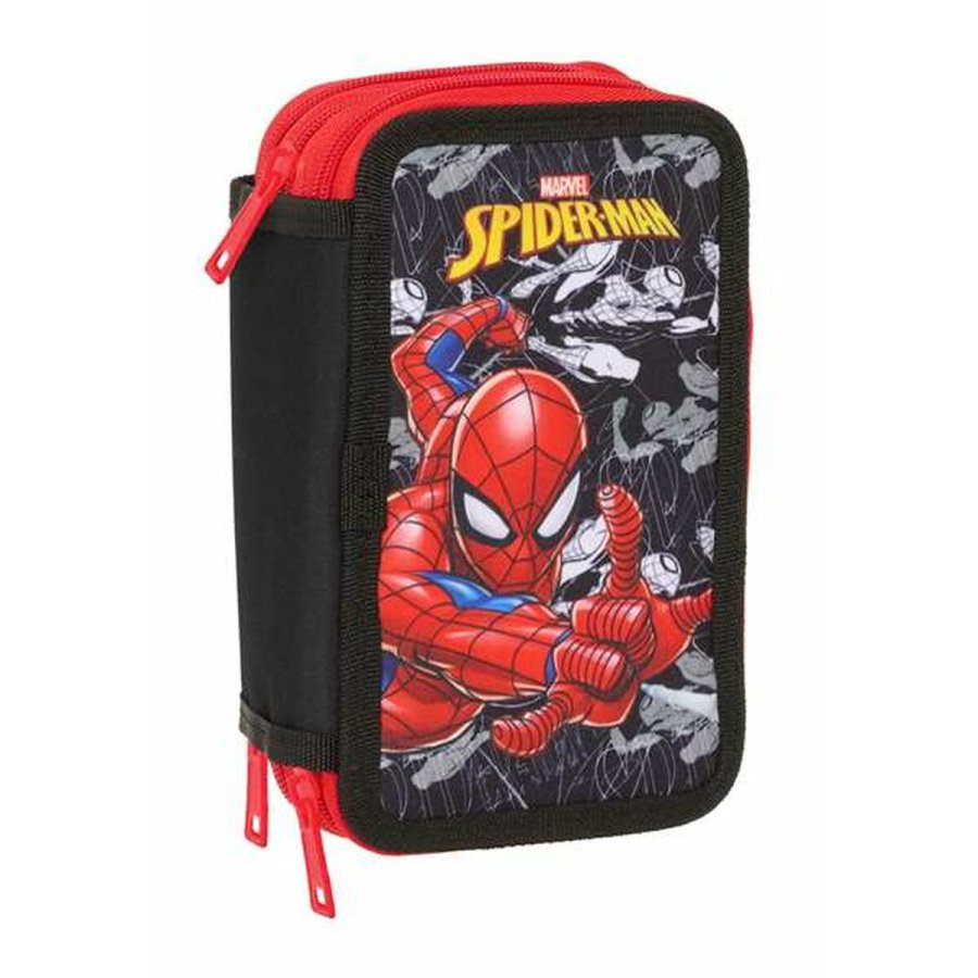Tredobbelt Penalhus Spider-Man Sort 12,5 x 19,5 x 5,5 cm 37 Dele #1