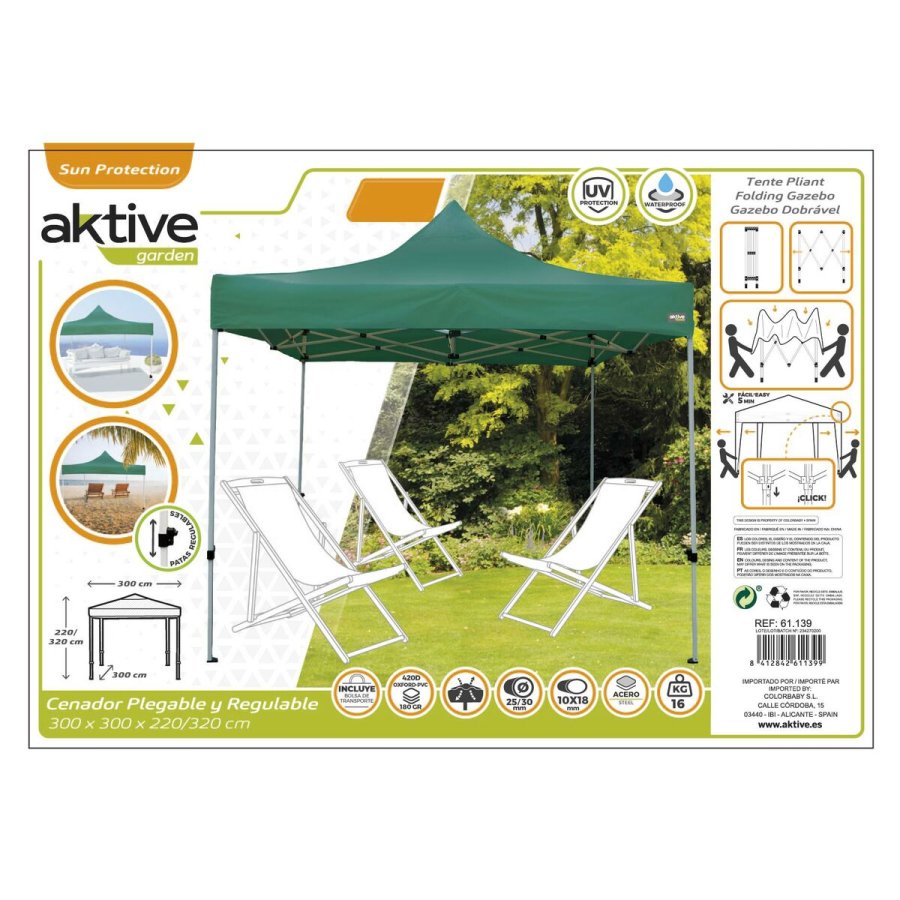Gazebo Aktive Foldbar Justerbar h�jde St�l Polyester 420D Oxford Gr�n 300 x 320 x 300 cm #3