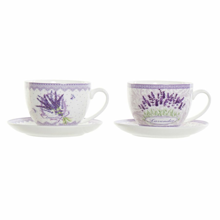 Kop og tallerken DKD Home Decor Hvid Grn Syren Porceln 220 ml (2 enheder) #1