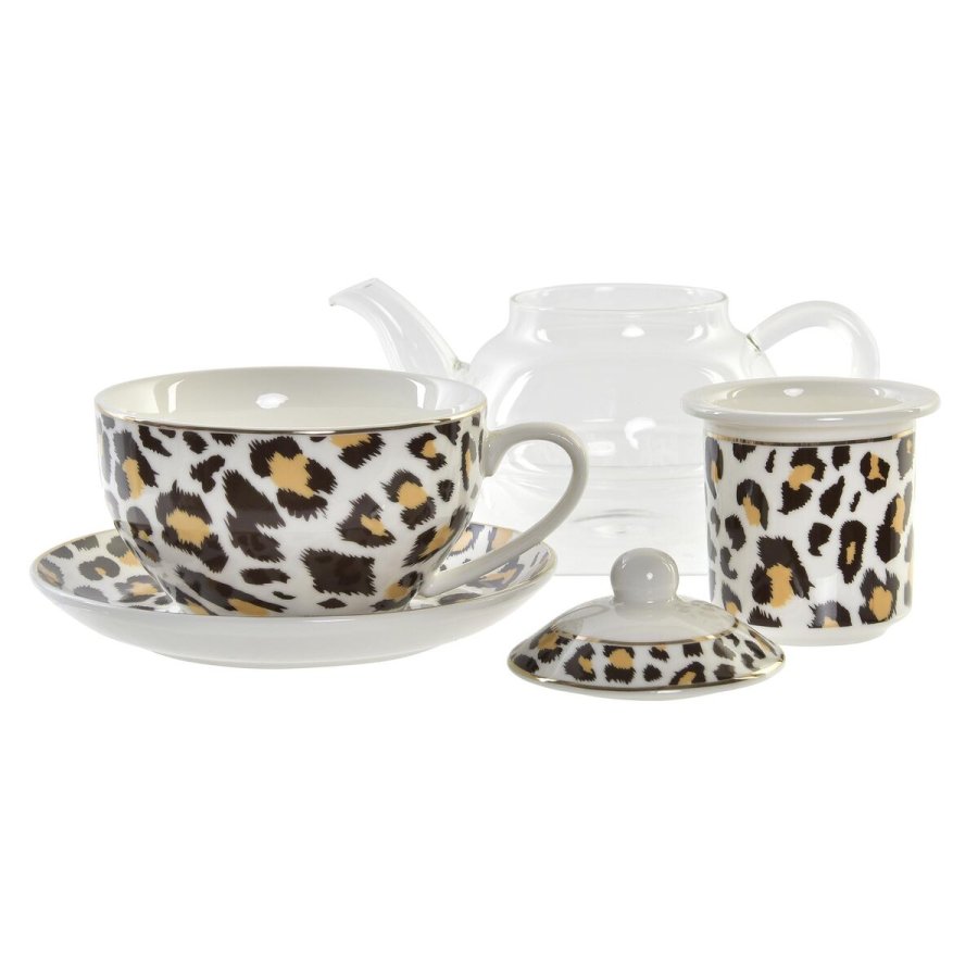 Tekande DKD Home Decor Leopard Krystal Porceln Brun Gennemsigtig Hvid (2 enheder) #4