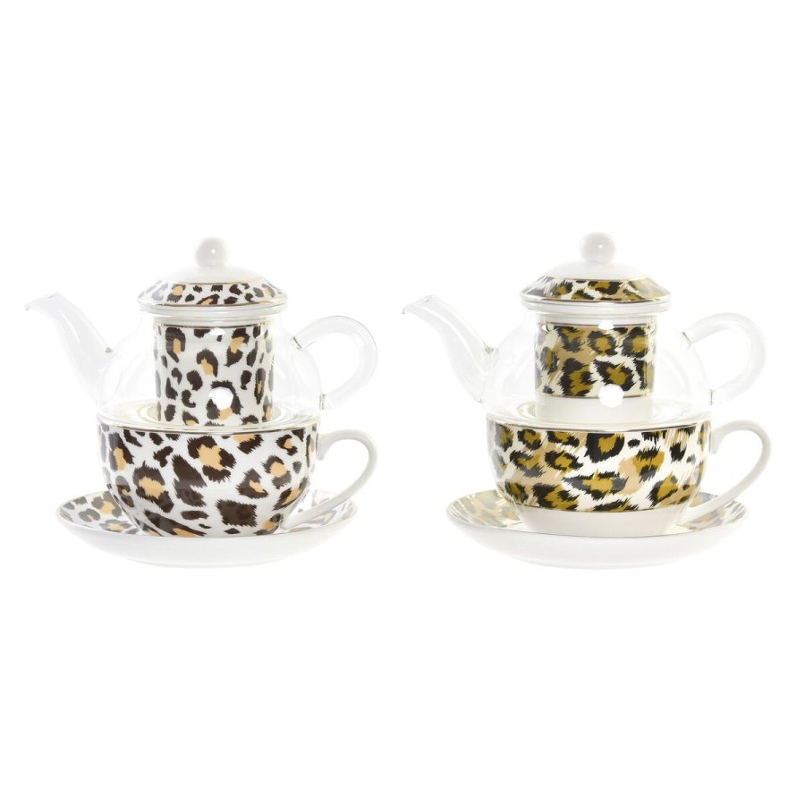 Tekande DKD Home Decor Leopard Krystal Porceln Brun Gennemsigtig Hvid (2 enheder) #1