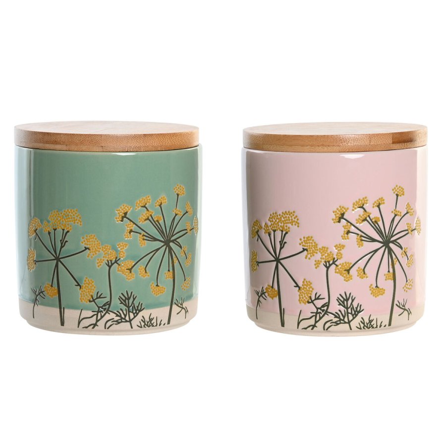 Blik DKD Home Decor 11,5 x 11,5 x 12 cm Floral Pink Grn Bambus Stentj Shabby Chic (2 enheder) #1