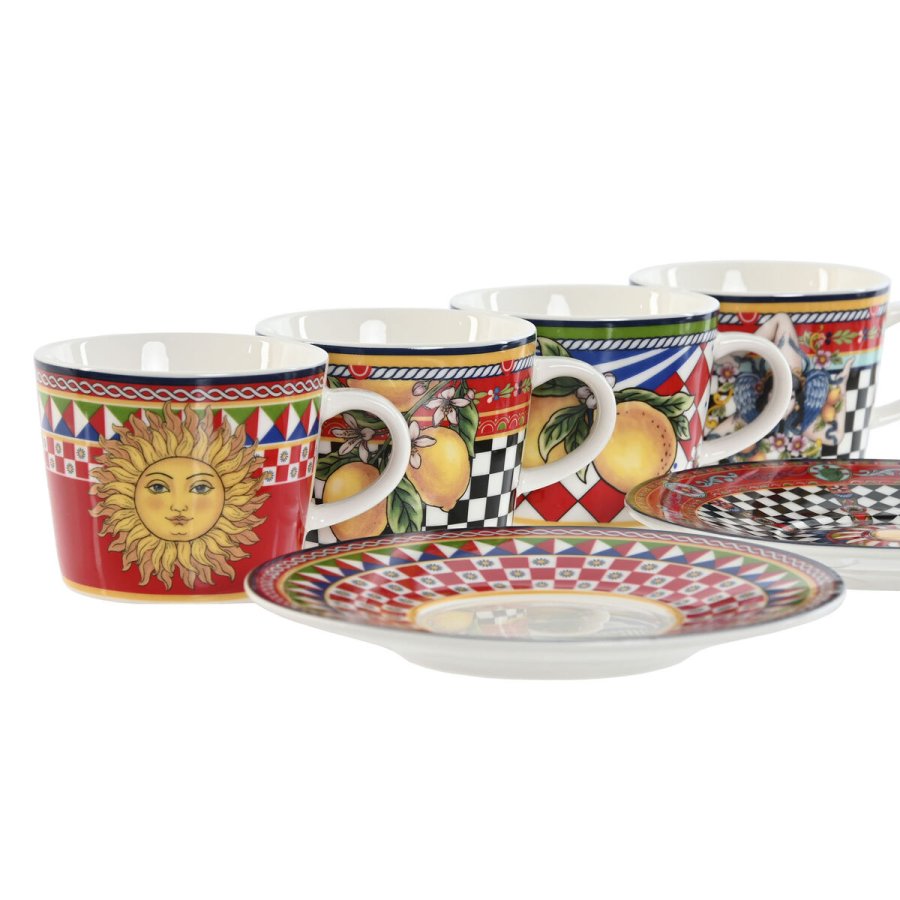 Set med kopper og underkopper Home ESPRIT Gul Rd Porceln 12,5 x 12,5 x 1,5 cm (4 enheder) #4