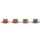 Set med kopper og underkopper Home ESPRIT Gul Rd Porceln 12,5 x 12,5 x 1,5 cm (4 enheder) #1