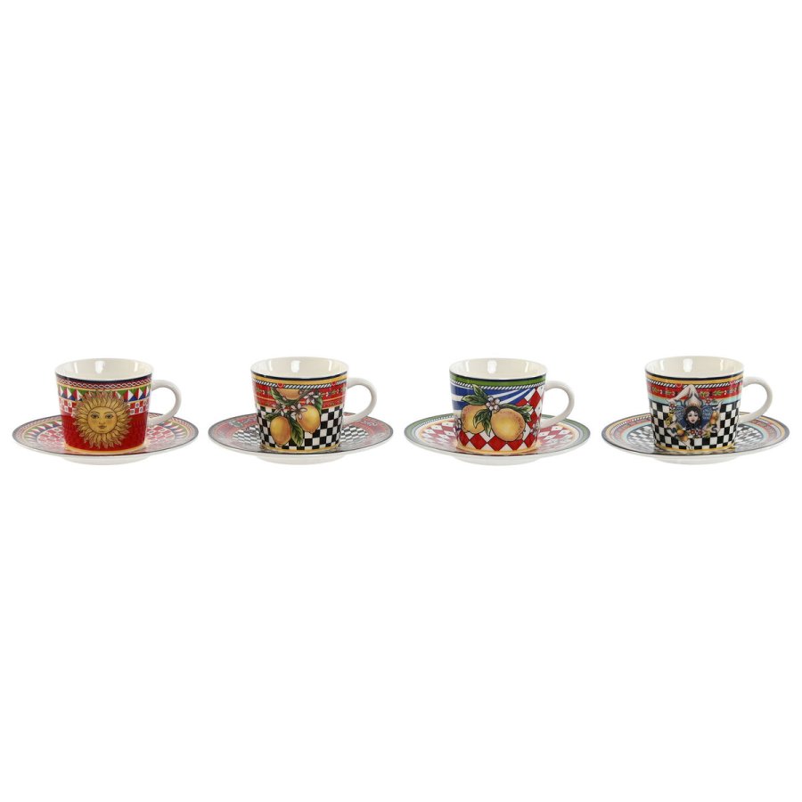 Set med kopper og underkopper Home ESPRIT Gul Rd Porceln 12,5 x 12,5 x 1,5 cm (4 enheder) #1