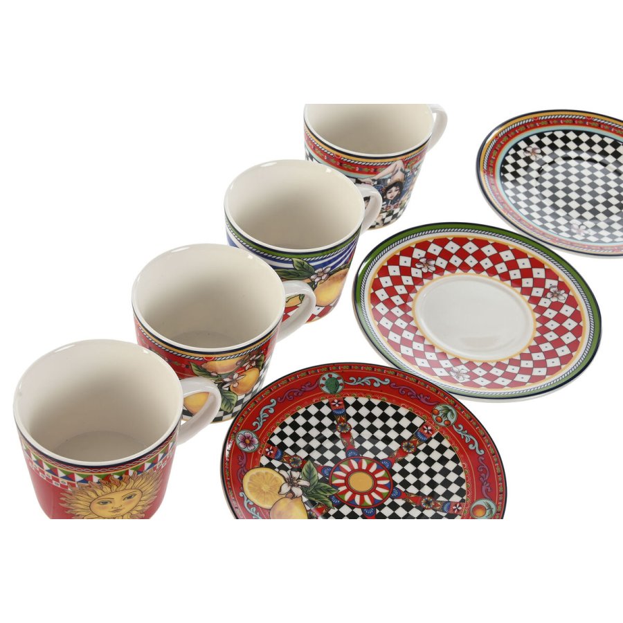 Set med kopper og underkopper Home ESPRIT Gul Rd Porceln 220 ml 15,6 x 15,6 x 1,7 cm (4 enheder) #7