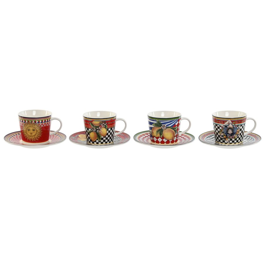Set med kopper og underkopper Home ESPRIT Gul Rd Porceln 220 ml 15,6 x 15,6 x 1,7 cm (4 enheder) #1