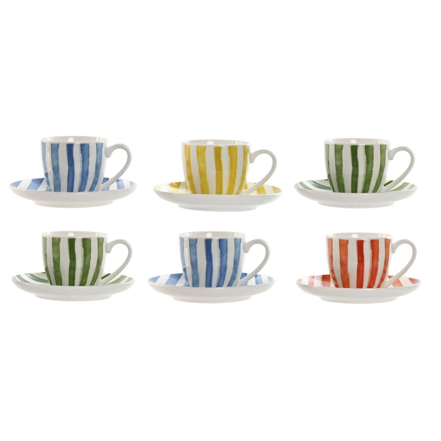 St med 6 kopper og underkopper Home ESPRIT Gul Bl Grn Koral Porceln 90 ml #1