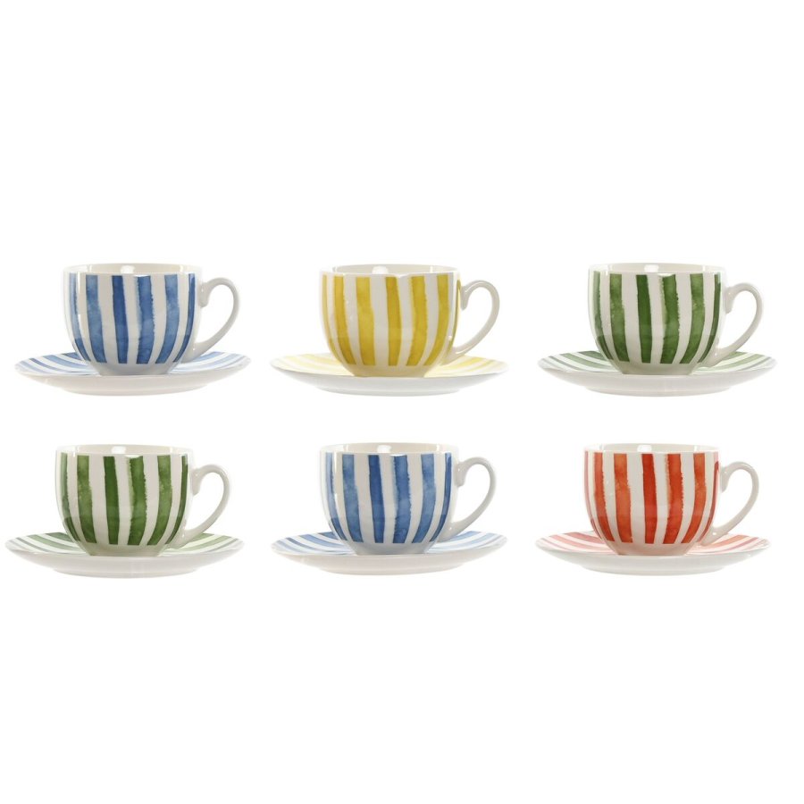 St med 6 kopper og underkopper Home ESPRIT Gul Bl Grn Koral Porceln 240 ml #1