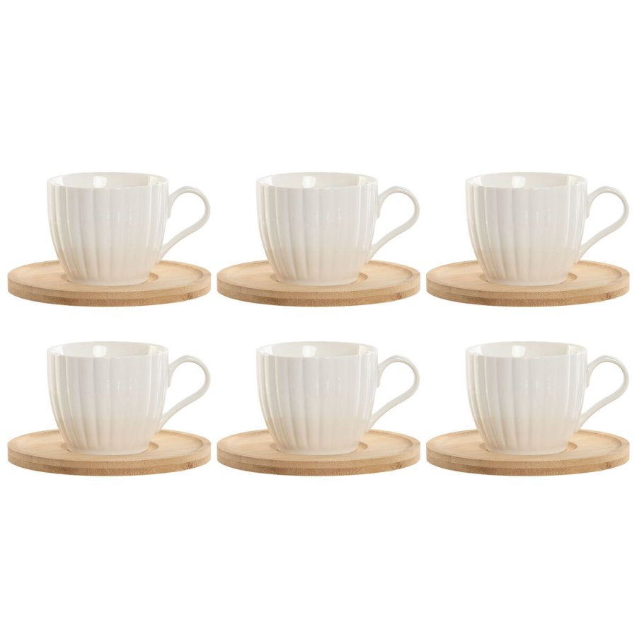 St med 6 kopper og underkopper Home ESPRIT Hvid Natur Bambus Porceln 220 ml #1