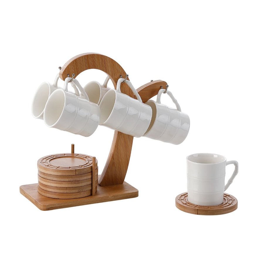 Dele kaffekopst Home ESPRIT Hvid Natur Bambus Porceln 90 ml #1