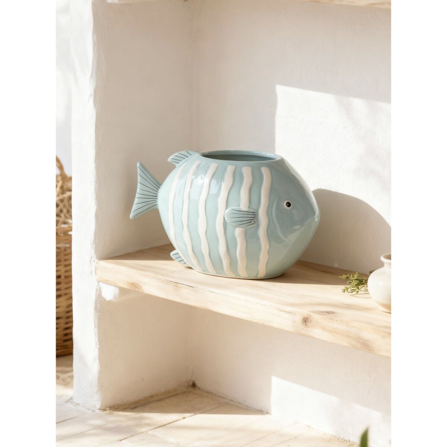 Vase Home ESPRIT Hvid Himmelbl� Stent�j Middelhavet 24 x 14 x 14 cm #2