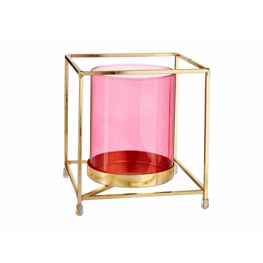 Lyseholder Gift Decor SW120662A SW120662A Pink Gylden Metal Glas 14 x 15,5 x 14 cm Firkantet #1