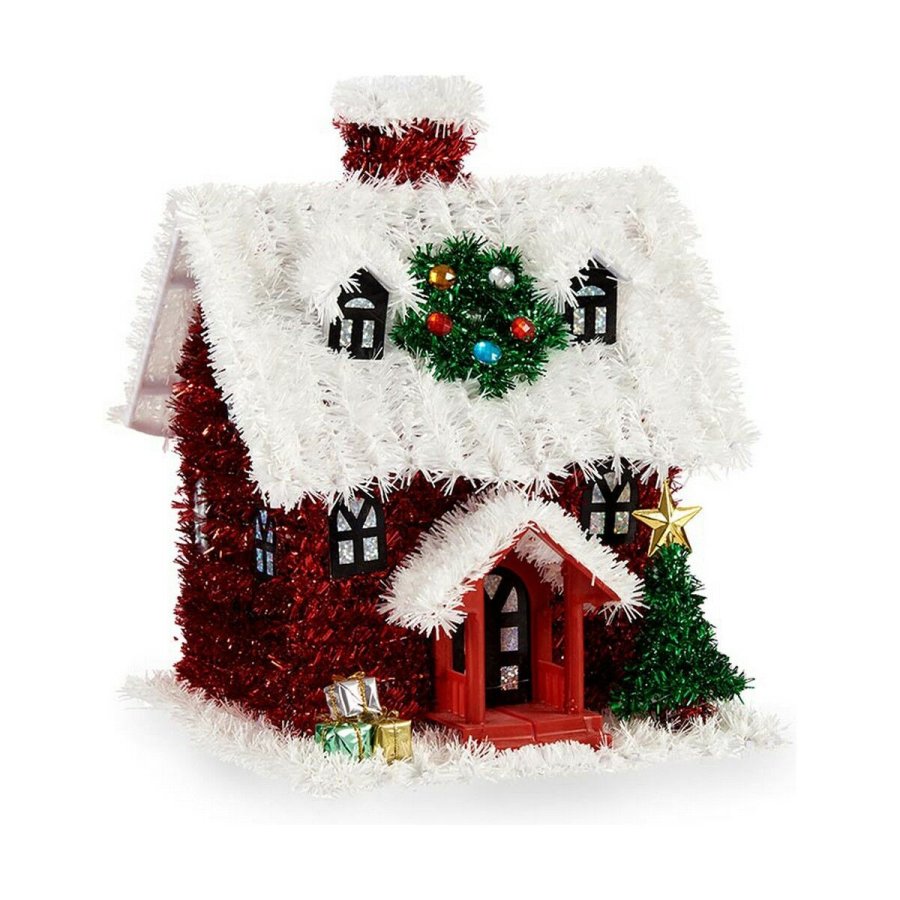 Dekorativ figur Jul Lametta Hus 19 x 24,5 x 19 cm Rd Hvid Grn Plastik polypropylen #1