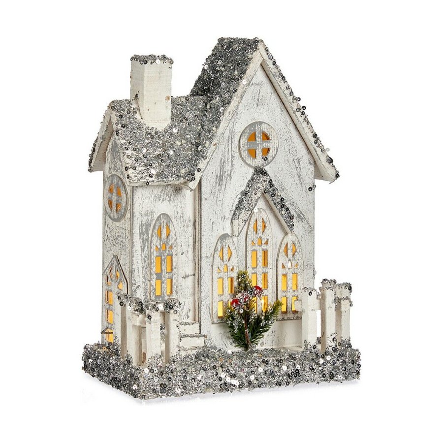 Dekorativ figur Jul Skinne LED Lys Hus 24,5 x 32 x 12 cm Gr Tr Hvid #1