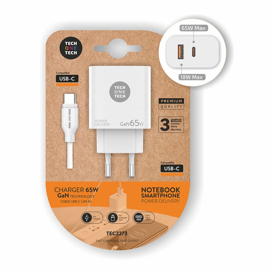 Vgoplader + USB-C kabel Tech One Tech TEC2273 Hvid 65 W #1