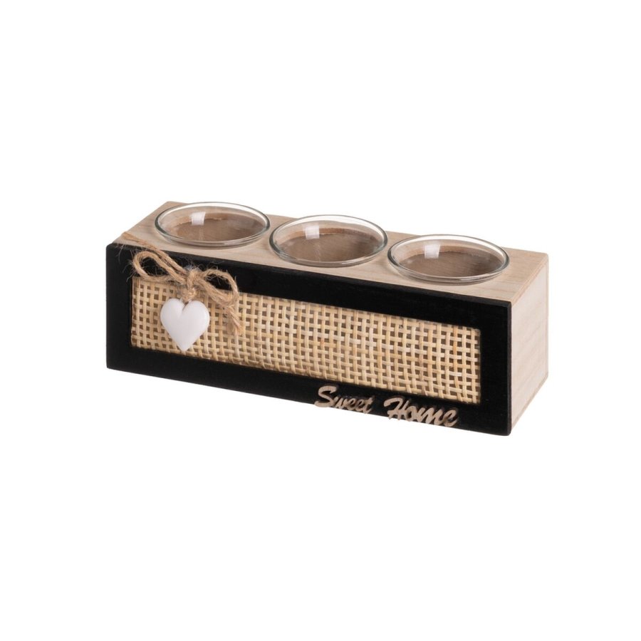 Lyseholder HEARTS Hvid Sort Natur Tr Krystal Sukkerrr Tr MDF 22 x 8 x 7 cm #1