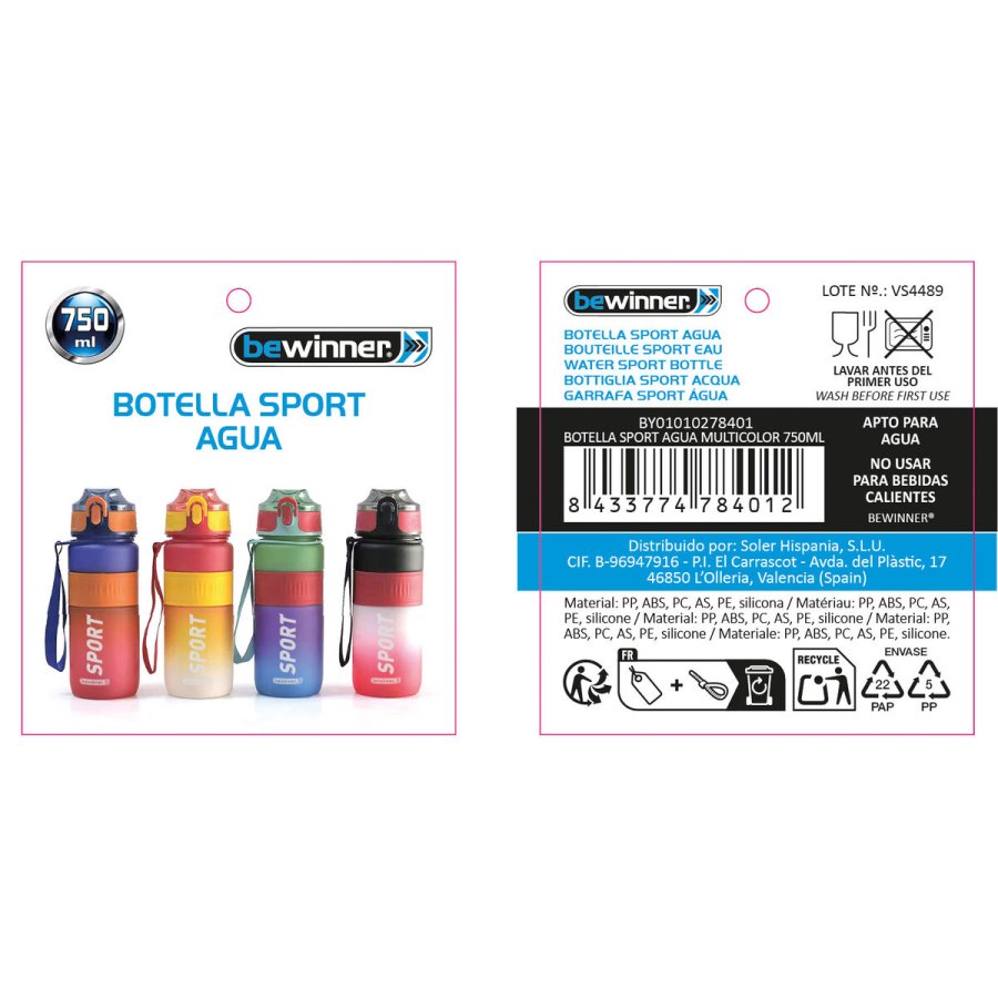 Vandflaske Bewinner Multifarvet 0,75 L 7,6 x 27,5 cm (12 enheder) #5