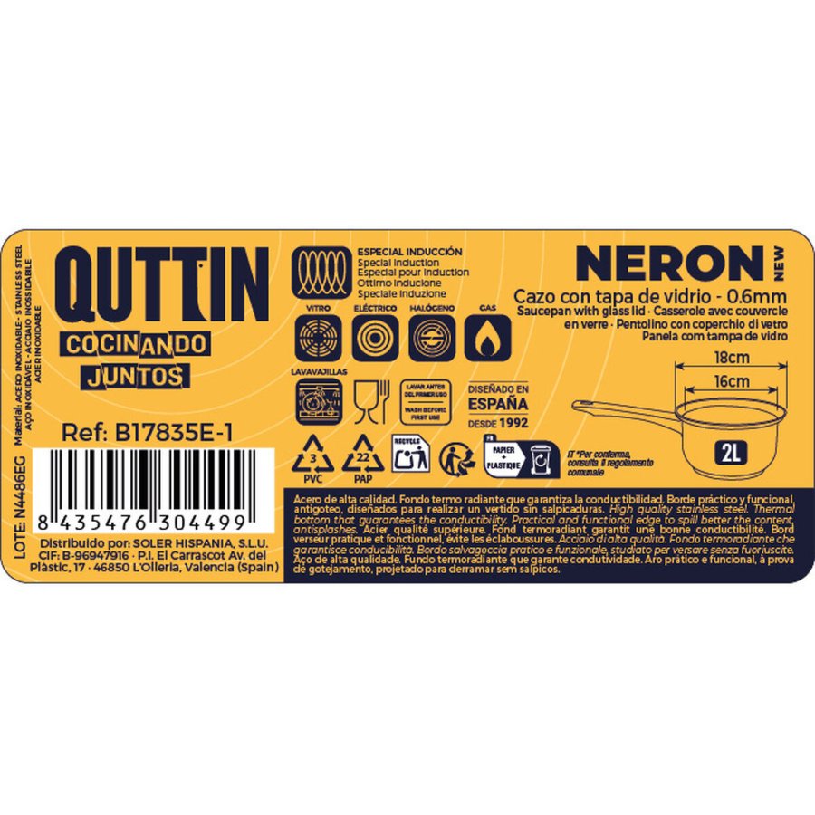 Kasserolle med l�g Quttin New neron S�lvfarvet St�l � 16 cm 2 L 33 x 17,5 x 10 cm (4 enheder) #3